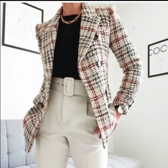 Zara Jackets Coats Zara Textured Plaid Tweed Blazer Wool